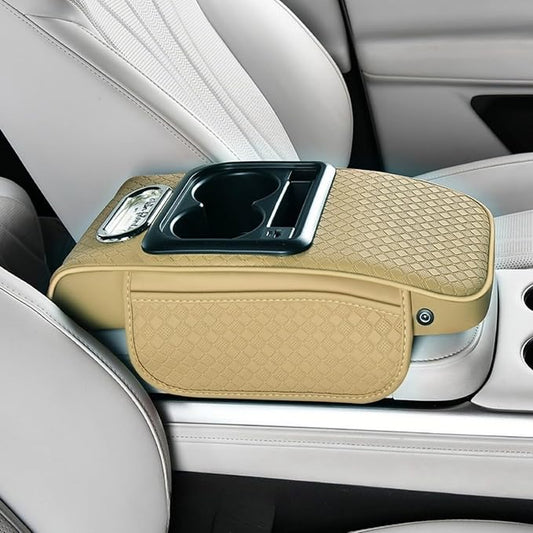 2026 Enhanced Car Center Console Armrest Cushion with USB& Type-C Charging, PU Leather Console Pad with Cup Holders, Storage& Tissue Outlet for Most Vehicles (Sloped Version, Beige)