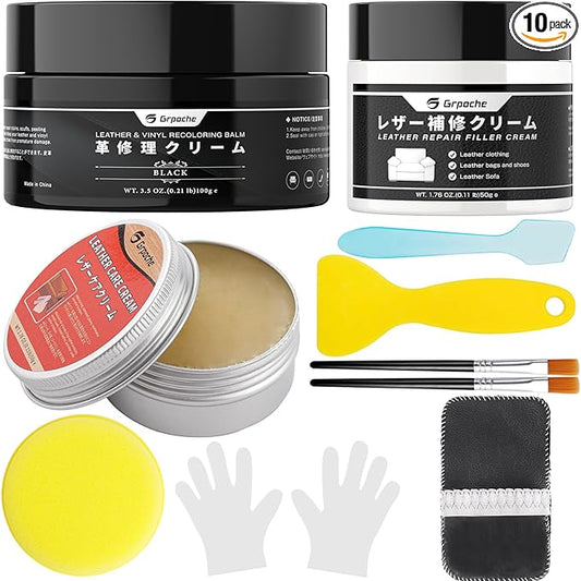 Leather Recoloring Balm Black, Mink Oil Leather Conditioner & Leather Filler Cream, Leather Repair Kit for Furniture,Vinyl Repair Kit Restore Couches, Car Seats, Purse, Scratch, Peeling, Burn Holes
