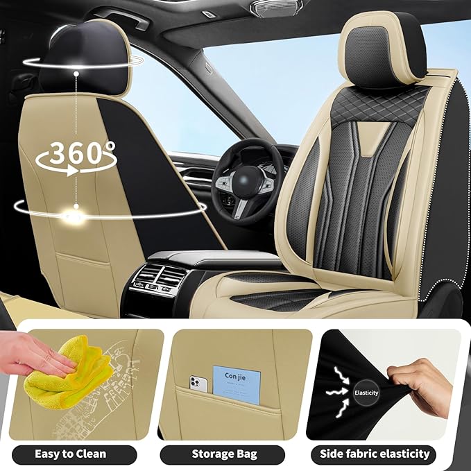 Fit Sonata Car Seat Covers Premium Leather for Hyundai Sonata 2007-2025 2026. Waterproof， Breathable, Scratch-Resistant & All-Weather Seat Cushion Protector（Front Seat,Beige&Black