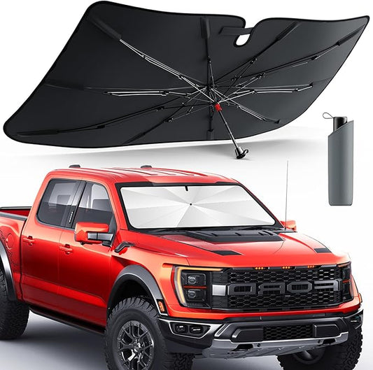 DMJN Umbrella Windshield Sun Shade - Large, Car Sunshade for Front Windshield [Nano Ice-Crystal Coatings] UPF50+ Heat & UV Block, Protect Interior & Keep Cooler Universal for Car, SUV, Truck