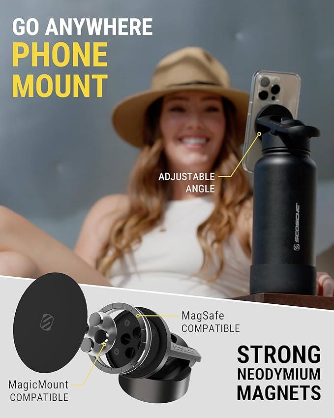 Scosche MFMS32 MagicMount Flask 32 oz Stainless Steel Water Bottle with MagSafe Phone Mount Stand, 12H Hot & 24H Cold, Insulated Flask with Magnetic Phone Holder for Gym, Travel, Sports, 32oz Black