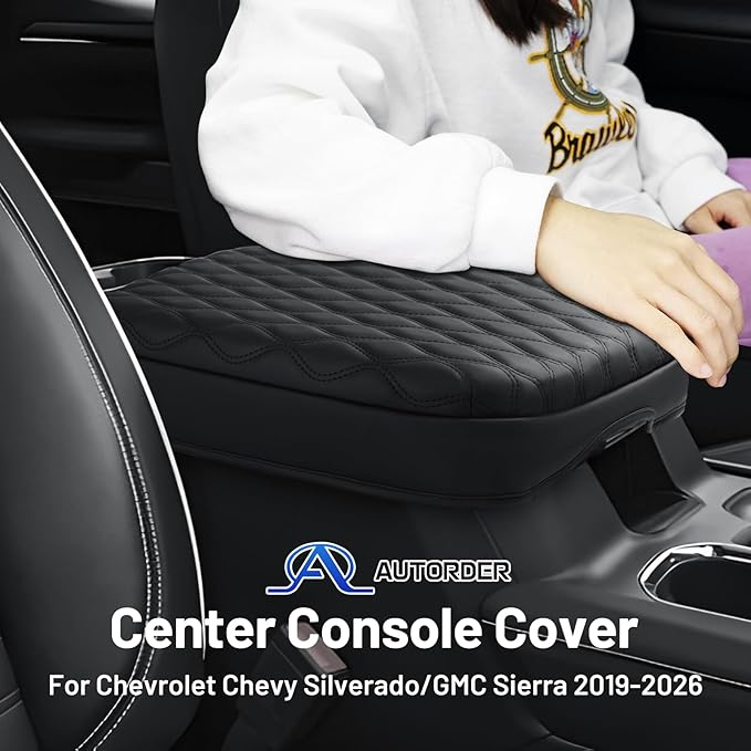 Autorder Center Console Cover for GMC Sierra/Chevy Silverado 1500 2019-2026 Accessories Armrest Cushion Cover Leather Middle Console Pad Armrest Pad Anti-Scratch(Bucket Seat Only)