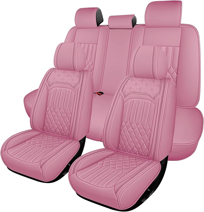 Car Seat Covers for Genesis GV70 2022-2025 2026, Full Set Nappa Leather Waterproof Breathable Anti-Slip Airbag Compatible Car Seats Protector, Car Interior Seats Cover (Pink,+Pillow)
