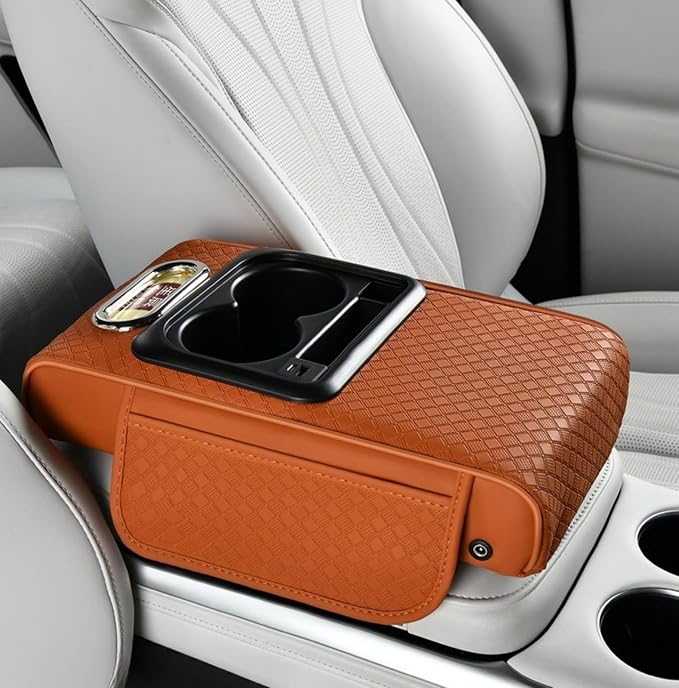 2026 Enhanced Car Center Console Armrest Cushion with USB& Type-C Charging, PU Leather Console Pad with Cup Holders, Storage& Tissue Outlet for Most Vehicles (Flat Version, Orange)