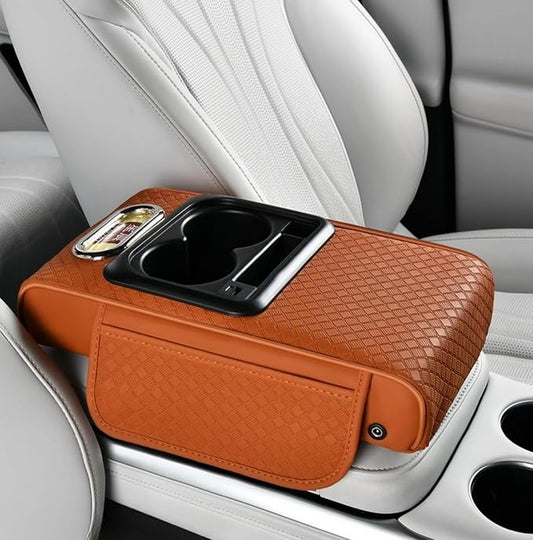 2026 Enhanced Car Center Console Armrest Cushion with USB& Type-C Charging, PU Leather Console Pad with Cup Holders, Storage& Tissue Outlet for Most Vehicles (Flat Version, Orange)