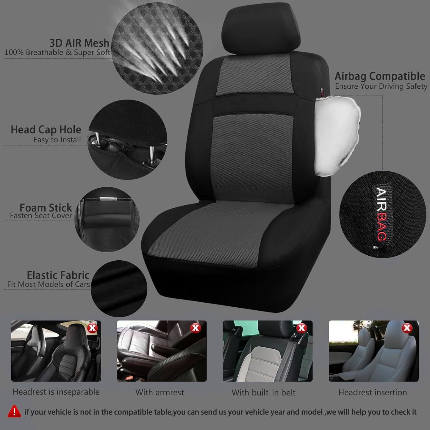 CAR PASS 3D Air Mesh Car Seat Covers Full Sets w/5mm Sponge, 4Pcs Waterproof Car Floor Mats, Steering Wheel Cover Universal Fit for SUV Sedan Truck, Airbag Compatible Automotive Interior(Black Gray)