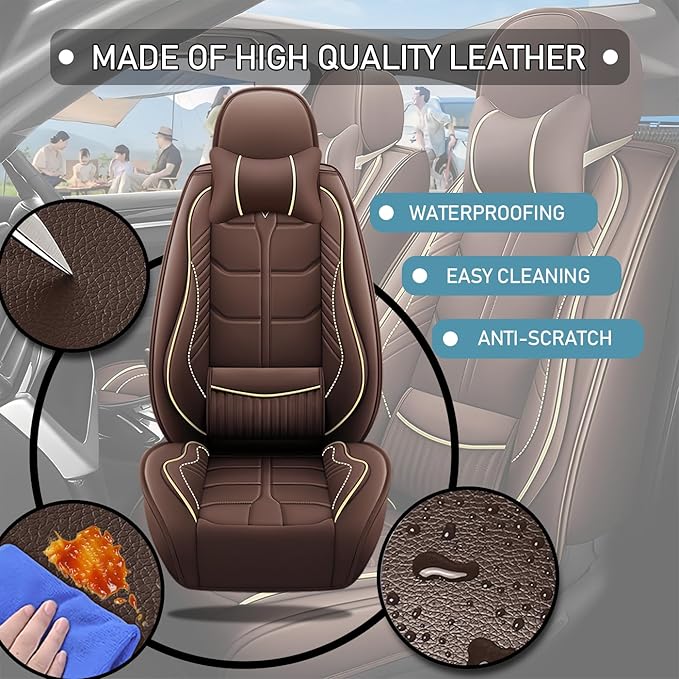 Leather Car Seat Covers Fit for Toyota Echo 2000-2005, 5 Seater Car Seat Cover, Premium Waterproof, Scratch Resistant Car Interior Accessories (Full Set with Pillow Coffee)