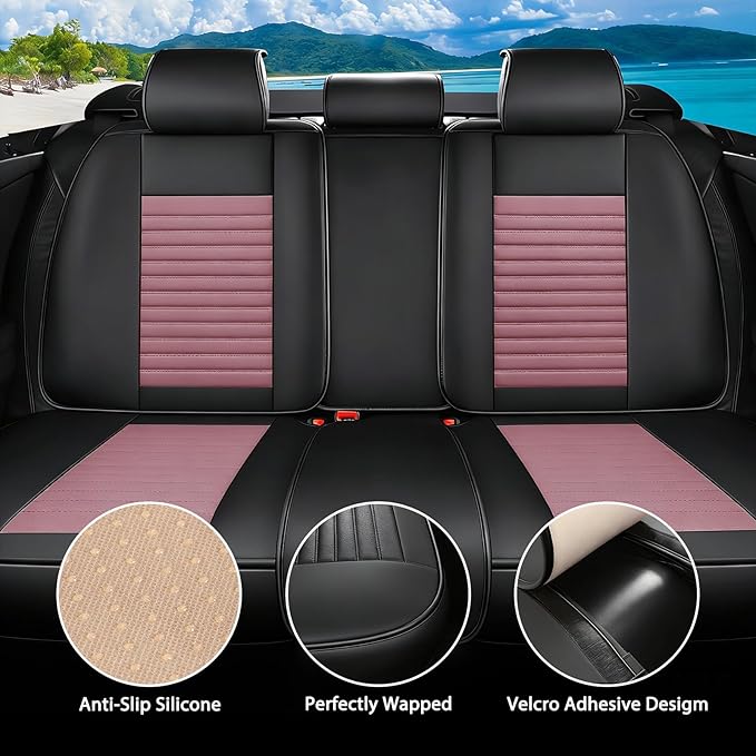 Truck Seat Covers Full Set Fit for Toyota Tacoma 2001-2026, Premium Faux Leather Car Seat Protector,Breathable Anti-Slip Full Wrapping Edge Seat Covers(Black&Pink,Full Set)