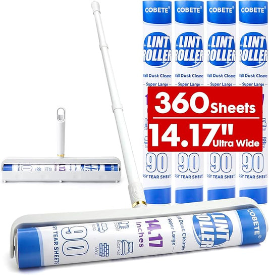 COBETE 14.17in Large Floor Lint Rollers for Pet Hair Extra Sticky, 45in Long Handle Giant Hair Picker Upper from Sticky Mop, for Cleaning Dog Cat Hair Animal Fur Removal Roller Couch Bed Sheet Carpet