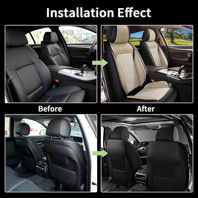 Car Seat Covers for Honda Accord 2003-2017, Breathable Cooling Ice Silk Leather, 2 Front Seats Vehicle Protector Cushion Auto Accessories (Black&Beige)