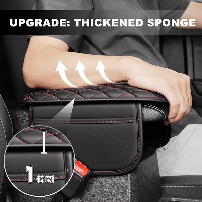 Upgraded Car Center Console Cover Fit for Tacoma Faux Leather Car Armrest Cover Cushion with 2 Storage Bags,Car Armrest Storage Box Interior Accessories(Black&Redline,F)