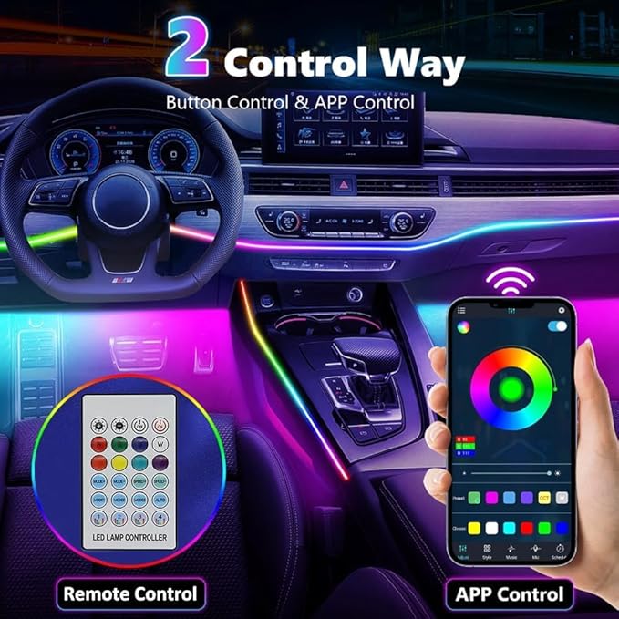 Interior Car LED Strip Lights,Acrylic LED Lights for Car with Dynamic Dreamcolor Chasing,43.3in USB RGB Neon Strip Fiber Optic LED Ambient Lighting Kits with Remote APP,for Inside car Decorations