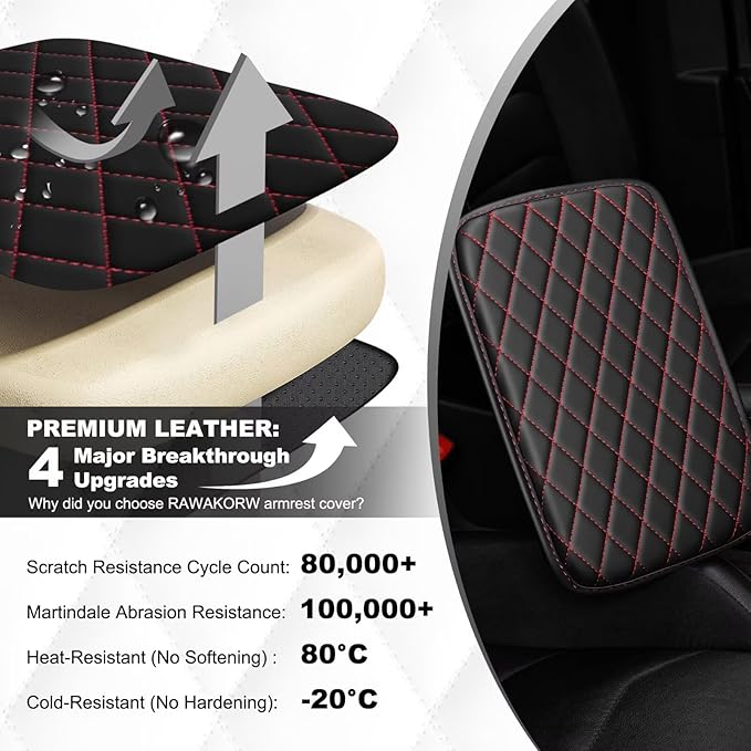 Upgraded Car Center Console Cover Fit for Tacoma Faux Leather Car Armrest Cover Cushion with 2 Storage Bags,Car Armrest Storage Box Interior Accessories(Black&Redline,F)