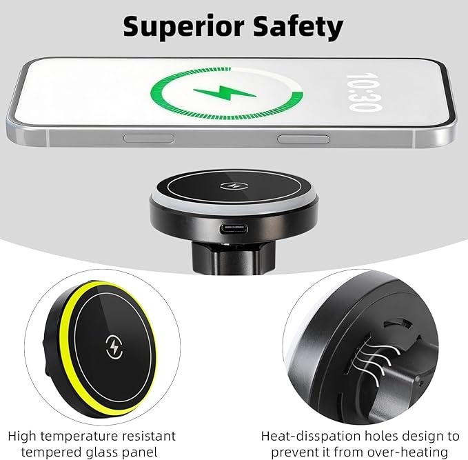 15W Magnetic Wireless Charging Phone Mount with Aluminum Double Socket Arm & 17mm/0.67" Ball -Replacement Base for Car Air Vent, Dashboard, Windshield Holder, Compatible with MagSafe iPhone