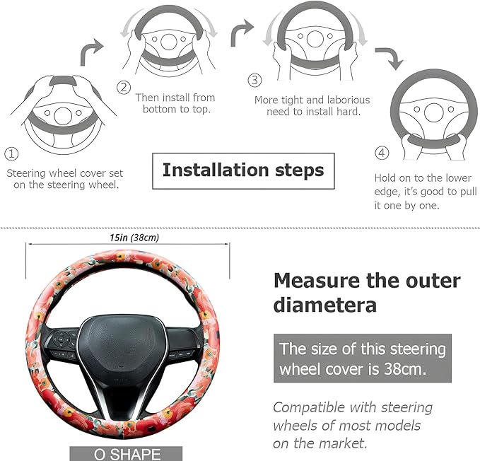 Poppy Coral Pink Flowers Steering Wheel Cover Auto Jacquard Steering Wheel Protector, Anti-Slip, Breathable, Absorbing Sweat, Universal Car Accessories 14.5–15 inch,Fit for Most Car, Trucks, SUV