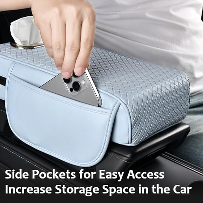 Car Armrest Cushion Cover Car Center Console Memory Foam Booster Pad with Storage Pocket and Tissue Hole for Sedan Vehicle (Grey, 12.99 * 7.09 * 2.95'' / 33 * 18 * 7.5 cm)