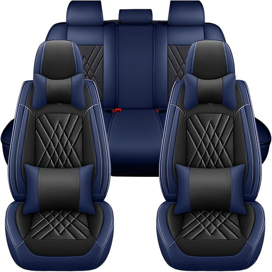 Car Seat Covers Compatible with Toyota Camry 2012-2026 Durable Waterproof Automotive Seat Covers Stretchable Fabric Material,Airbag Compatibility,Premium Nappa Leather(Black Blue,Full Set with Pillow)