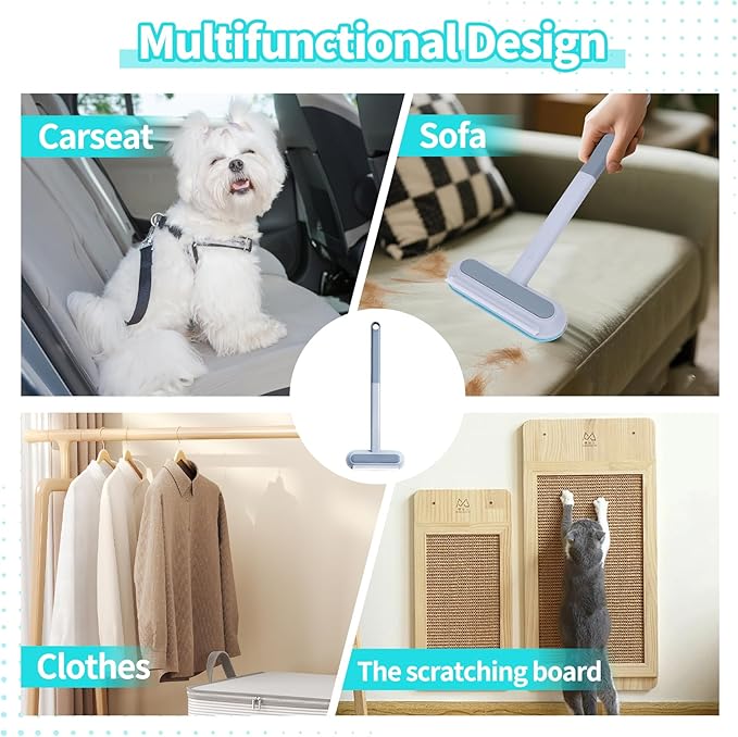 Pet Hair Remover Brush - Reusable Multifunctional Pet Hair Removal Tool for Furniture, 4 in1 Cat and Dog Hair Removal, 17.3Inch Adjustable Long Handle, Gentle on Couch Carpets Bedding (1 Set)