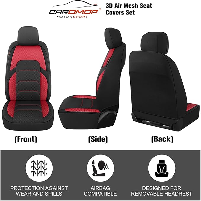 CAROMOP 3D Air Mesh Car Seat Covers 2 Front Seats,Breathable and Durable Seat Covers for Cars,Universal Fit for SUV,Vans,sedans, Trucks, Automotive Interior Covers(Black/Red)