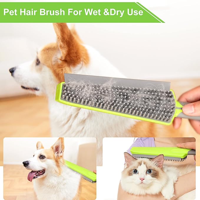 Rubber Broom with Squeegee for Carpet Pet Hair Remover,57 inch Long Handled Fur Remover Rake,Portable Detailing Lint Brush,Pet Removal Fluff Carpet, Hardwood Floor, Tile