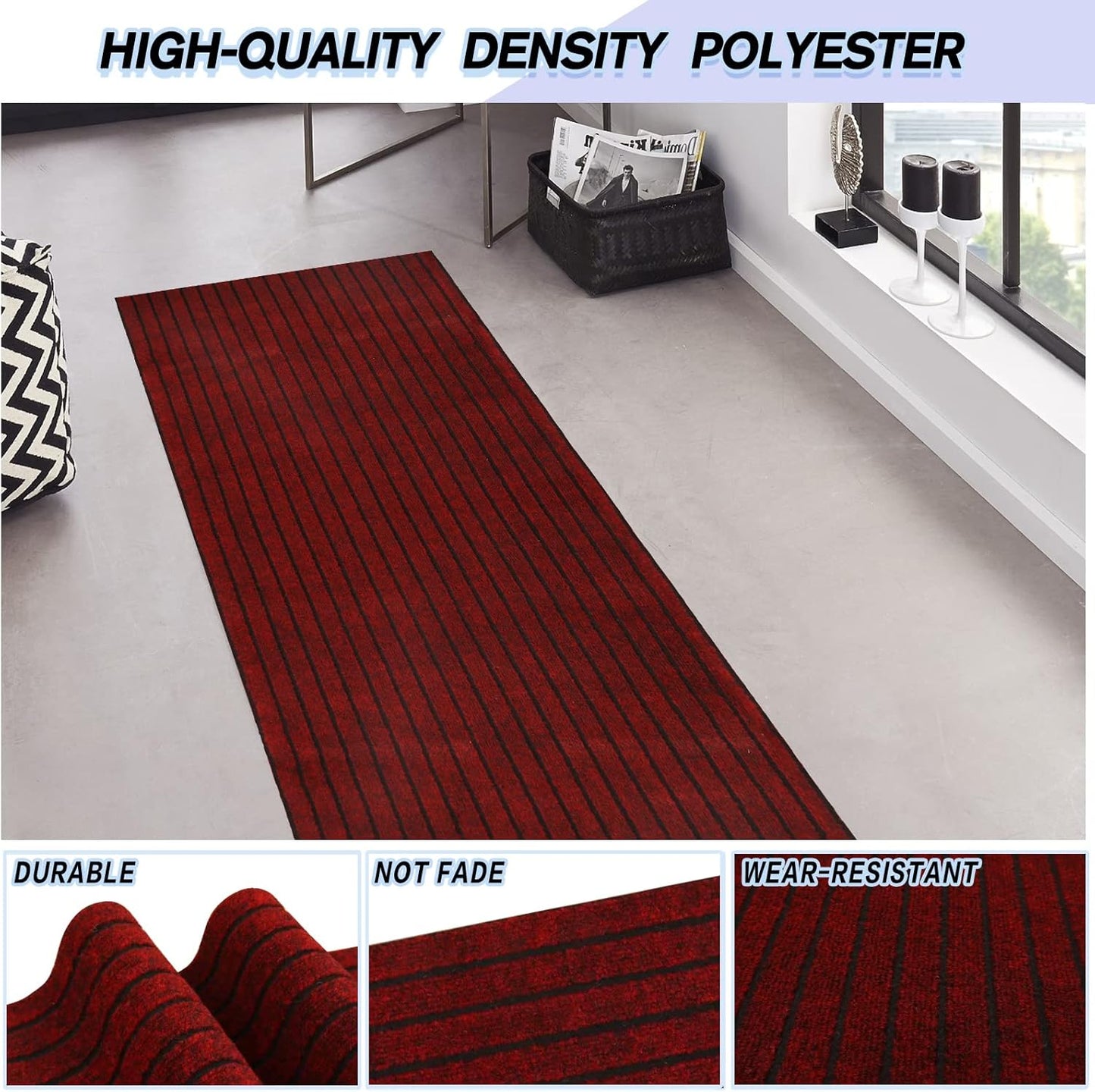 Custom Size Backed Non-Slip Area Rugs Runner, Easy Clean, Waterproof Runner Rugs for Hallway Entryway, Kitchen, Laundry, 4FT x 60FT, Red Stripe