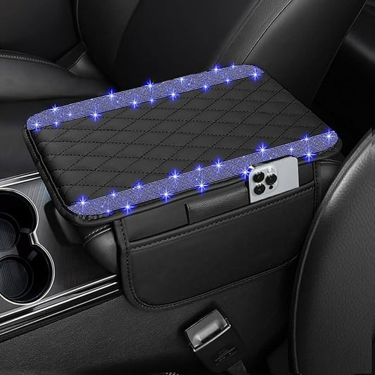 NBTEPEM Bling Car Center Console Cover, Leather Car Arm Rest Cover Cushion with 2 Storage Bags, Universal Automotive Armrest Protector Storage Box, Bling Accessories Interior for Most Vehicles (Blue)