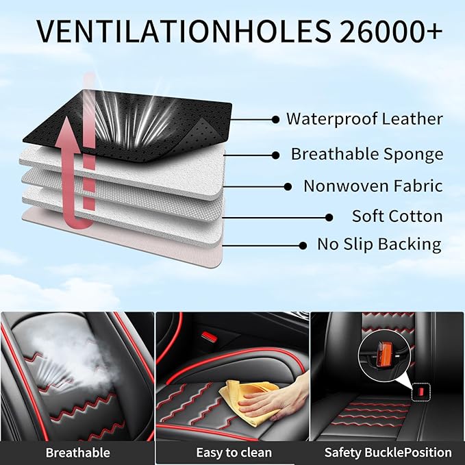 Car Seat Covers Fit for Mazda 3 2007-2026, Premium Leather, Full Coverage Leather Waterproof Breathable Seat Covers, Automotive Seat Protectors, Airbag Compatible(2 Front Seats, Black & Red)