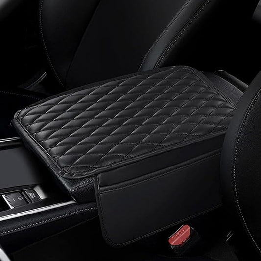 Car Center Console Cover,Leather Armrest Cover Cushion with 2 Storage Bags Universal Car Armrest Seat Box Pad Car Interior Accessories Protector for Most Vehicle(Black)