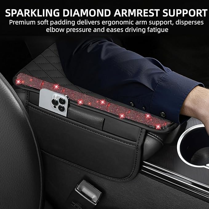 NBTEPEM Bling Car Center Console Cover, Leather Car Arm Rest Cover Cushion with 2 Storage Bags, Universal Automotive Armrest Protector Storage Box, Bling Accessories Interior for Most Vehicles (Red)