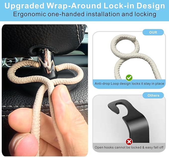 Car Seat Back Organizer Hooks 2 Pack - Space Saving Car Headrest Hangers with Anti-Drop Loop for Women Men, Universal Car Bag Holder for SUV Truck for Front and Back Seat Storage - Beige Leather/2S