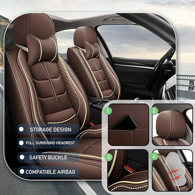 Leather Car Seat Covers Fit for Toyota Highlander Hybrid 2006-2024, 5 Seater Car Seat Cover, Premium Waterproof, Scratch Resistant Car Interior Accessories (Full Set with Pillow Coffee)
