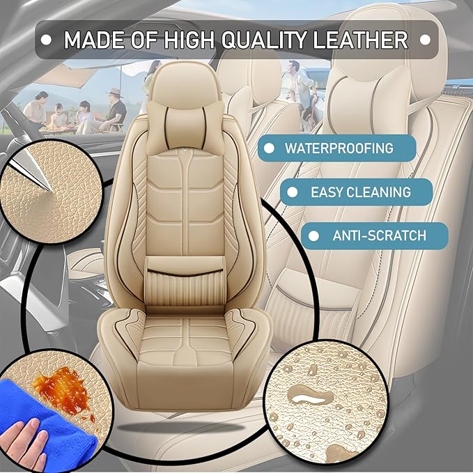 Leather Car Seat Covers Fit for Toyota Avalon Hybrid 2013-2024, 5 Seater Car Seat Cover, Premium Waterproof, Scratch Resistant Car Interior Accessories (Full Set with Pillow Beige)
