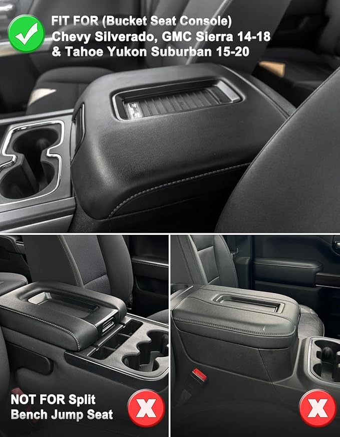 KBH Center Console Armrest Cover for Chevy Silverado & GMC Sierra 1500 2500 3500 2014-2018, Tahoe Suburban Yukon 2015-2020, Bucket Seat Console, Vinyl Leather, Black-Double Stitch