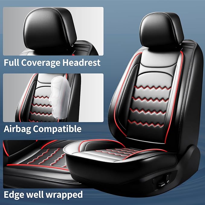 Car Seat Covers Fit for Mazda 3 2007-2026, Premium Leather, Full Coverage Leather Waterproof Breathable Seat Covers, Automotive Seat Protectors, Airbag Compatible(2 Front Seats, Black & Red)