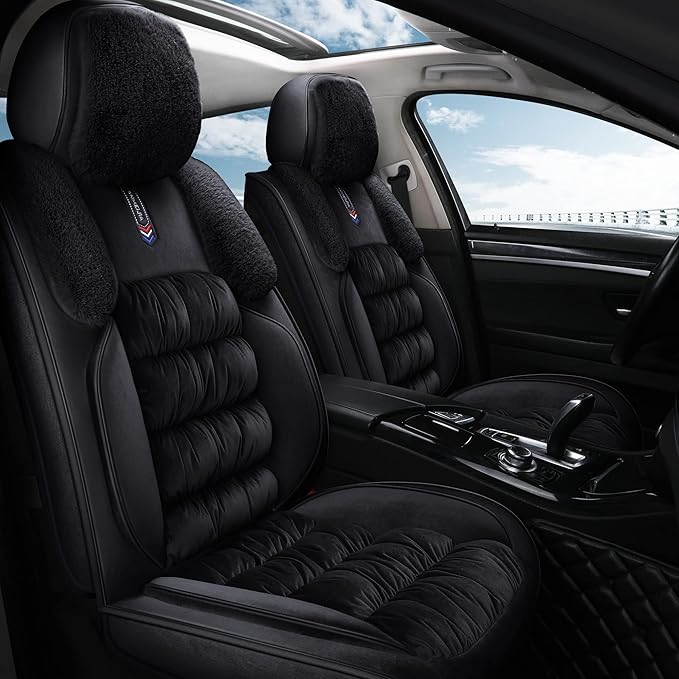 AOOG Fuzzy Car Seat Covers, Heated Bench Back Cushion Protector for Cars SUV Trucks(Full Set,Black)