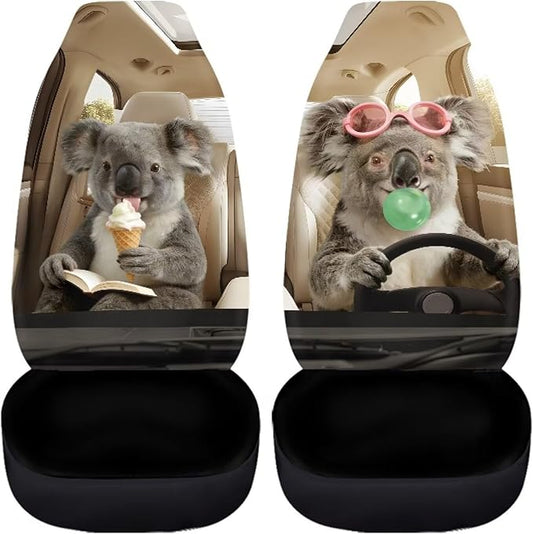 Koala Front Car Seat Cover Nonslip Funny Auto Interior Accessories 2 Pcs Set Stretch Polyester Fabric Cover All-Season Protection Suitable for Most Cars,SUV,Sedan