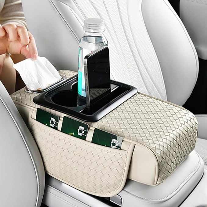 Car Armrest Cushion Cover Car Center Console Memory Foam Booster Pad with Storage Pocket and Tissue Hole for Sedan Vehicle (Cupholder - Grey, 13.39 * 7.68 * 2.95'' / 34 * 19.5 * 7.5cm)