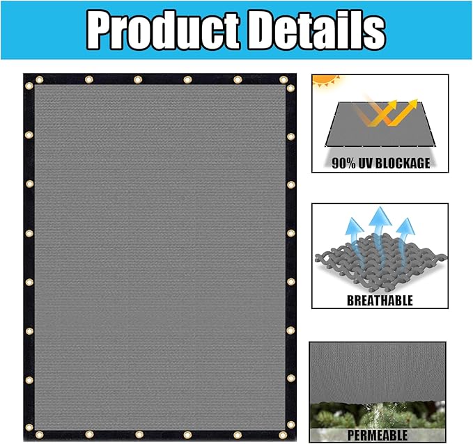 Amagenix 90% Shade Fabric 6'X 6' Gray Sun Shade Cloth with Grommets for Pergola Replacement Shade Cover Canopy, Heavy Duty, Cable Zip Ties Included (We Customized)
