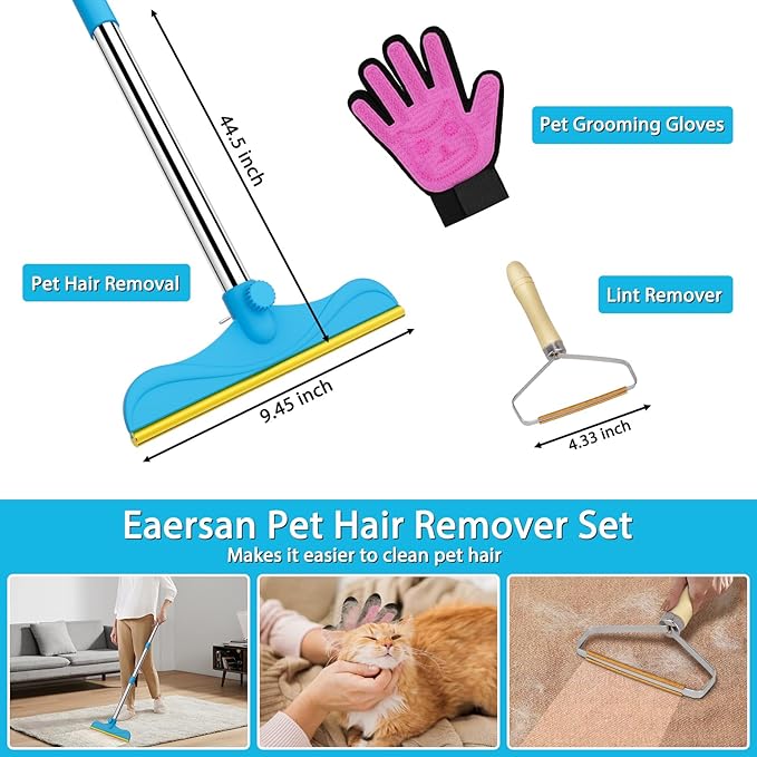3 in 1 Carpet Rake Kit for Pet Hair Removal Tool - 45” Adjustable Long Handle Pet Hair Remover, Reusable Carpet Scraper Dog Cat Deep Hair Cleaner Remover Tool for Rugs, Mats, Couch, Furniture