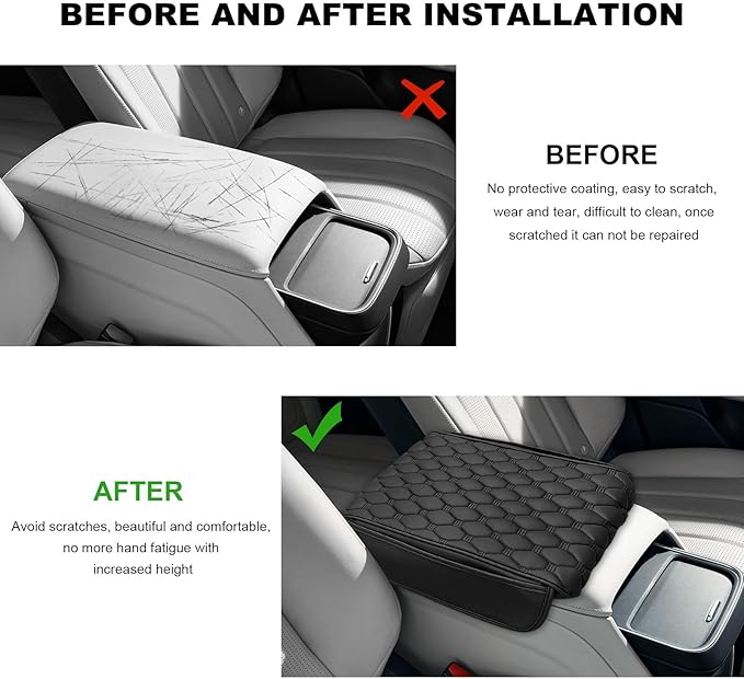 Car Armrest Cushion, Memory Foam Auto Arm Rest Box Protector with 2 Storage Bags, Waterproof Leather Center Console Cover Universal for Most Vehicles, Car Accessories (Black)