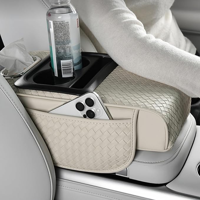 Car Armrest Cushion Cover Car Center Console Memory Foam Booster Pad with Storage Pocket and Tissue Hole for Sedan Vehicle (Cupholder - Black, 13.39 * 7.68 * 2.95'' / 34 * 19.5 * 7.5cm)