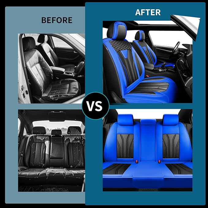 Fit Kicks Car Seat Covers， Compatible with Nissan Kicks 2018-2026 -Premium Leather, Waterproof Breathable All-Weather Seat Cushion Protector Airbag Compatible（2 Seats Front Pair，Blue & Black