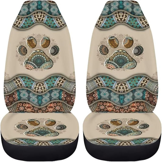 BIGCARJOB Boho Car Seat Covers Set for Front Only Boho Dog Paw Print Car Interior Accessories Cute Seat Protector for Cars Saddle Blanket,Fit Most Vehicle,Cars,Sedan