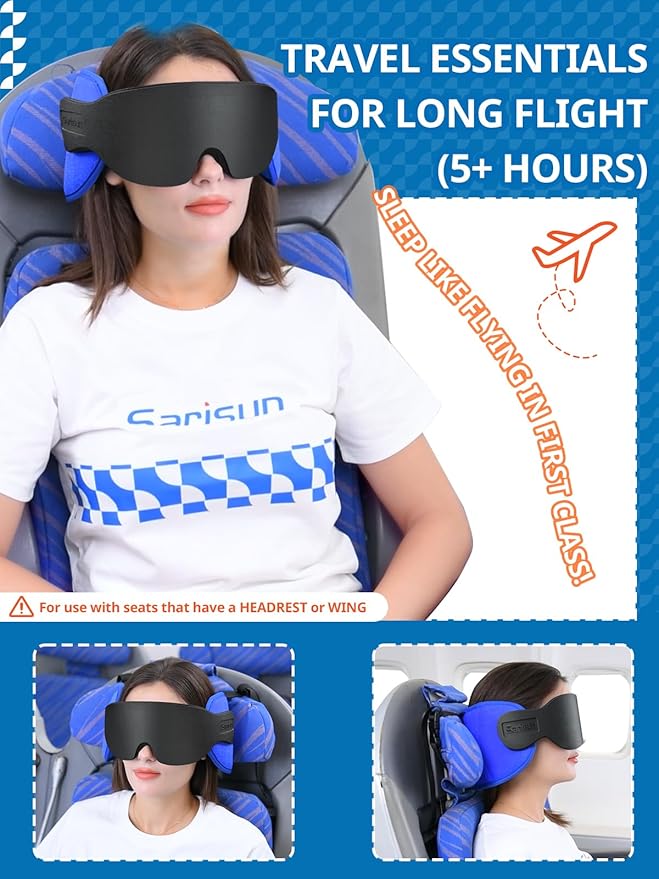 Travel Pillows for Airplanes, Airplane Pillow for Long Flight Car Road Trip, Airplane Head Strap with Sleep Eye Mask, 360° Support Headrest, Stop Bobblehead Travel Neck Pillow, Stripe Black