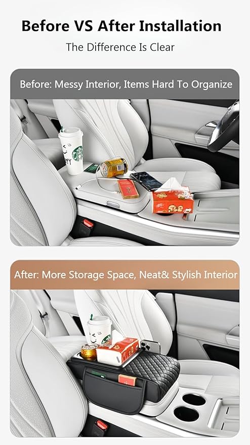 Car Armrest Pad with Built-in Induction Charging, Leather Center Console Cushion with 15W Power Pad, Dual Cup Holders, Storage Pockets - Orange