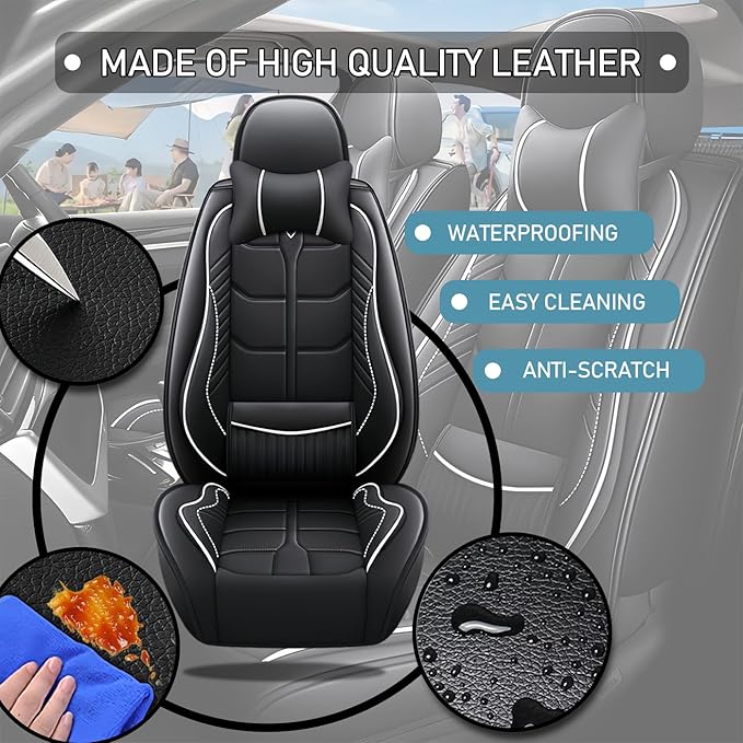 Leather Car Seat Covers Fit for Toyota Yaris iA 2017-2018, 5 Seater Car Seat Cover, Premium Waterproof, Scratch Resistant Car Interior Accessories (Full Set with Pillow Black White)