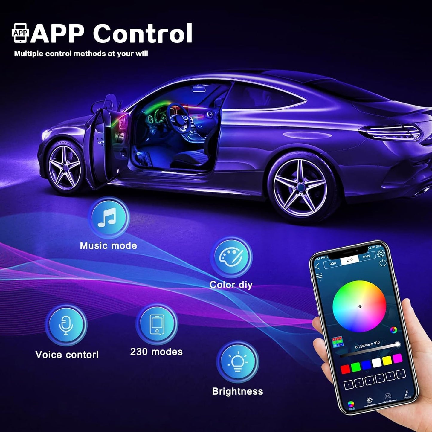 Dream+Color Acrylic Interior Car LED Strip Light with Wireless APP, RGB 6 in 1 with 175 inches 593 LEDs Fiber Optic Strip Lights for Car, Dynamic Chasing Music Sync Neon Ambient Lighting Kits