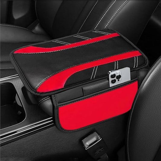NBTEPEM Red Center Console Cover, Sporty Leather Armrest Cover Cushion with 2 Storage Pockets, Universal Auto Middle Console Protector, Car Interior Accessories for Most SUV, Truck, Sedan Vehicles