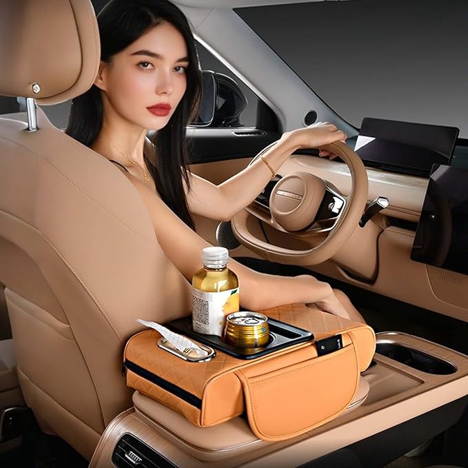 Multifunctional Car Armrest Cushion with Integrated Booster, 2026 Upgraded Universal Style Memory Cotton Car Armrest Box Pad, Car Center Console Armrest Pillow, with 2 Cup Holder (Beige)