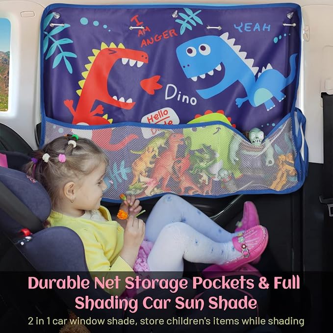 Car Window Shade for Baby, 2 Pack Car Sun Shades with Storage Net Pocket Auto Window Curtain 7 Suction Cups Blue Dinosaurs for Sun/Heat/UV Rays Protection Kids